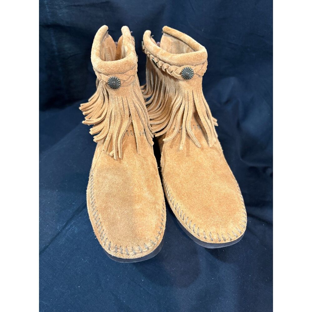 Minnetonka Taupe Suede Fringe Ankle Boots - Back Zip Moccasin Booties Size 6